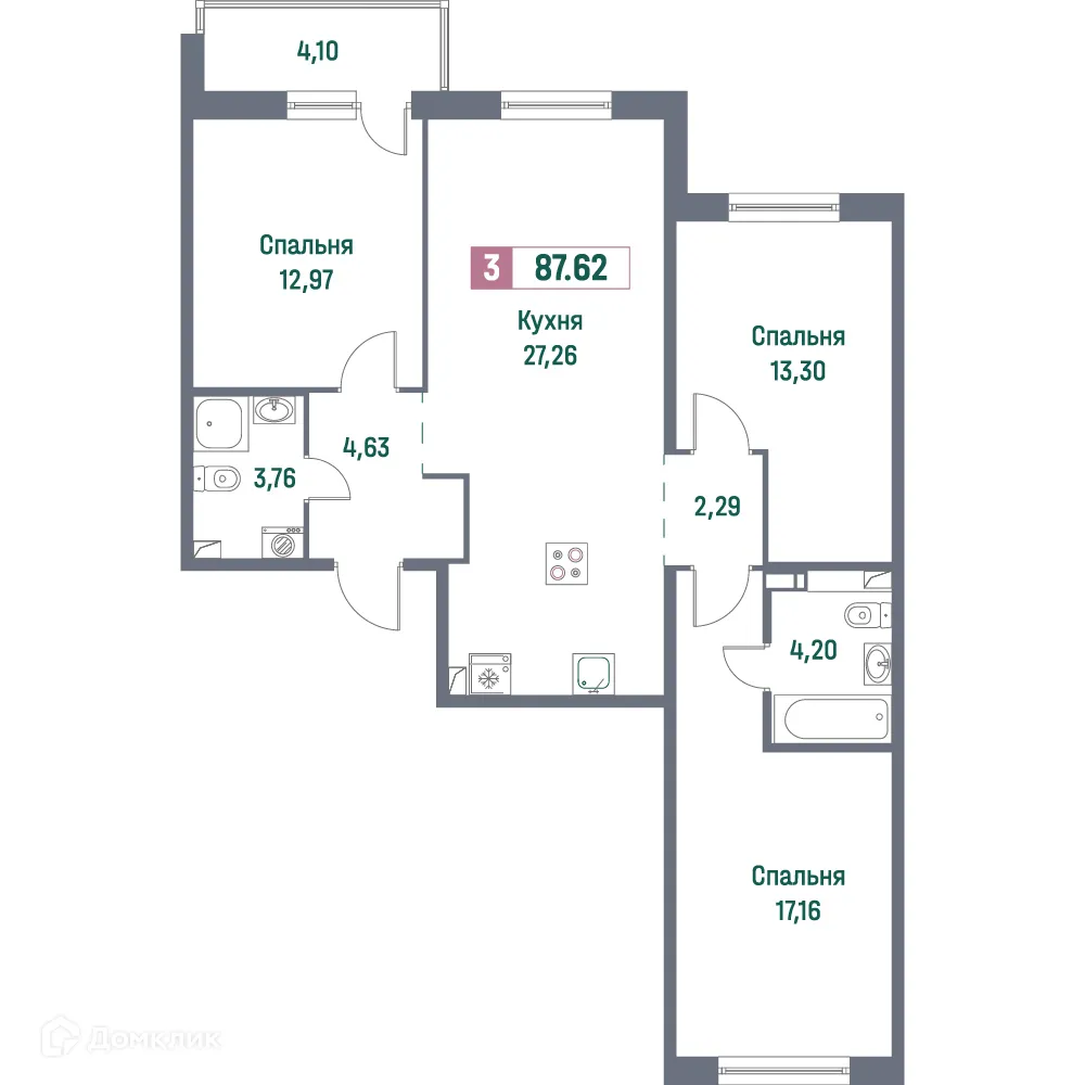 Планировка 3-комнатной квартиры 87.62 м² в ЖК "Фотограф", г. Мурино — фото 1