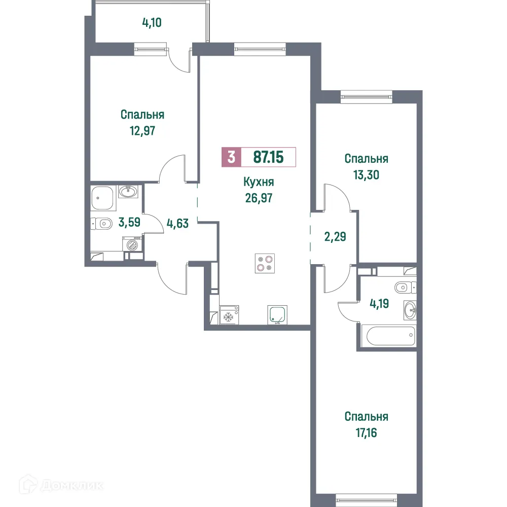 Планировка 3-комнатной квартиры 87.15 м² в ЖК "Фотограф", г. Мурино — фото 1