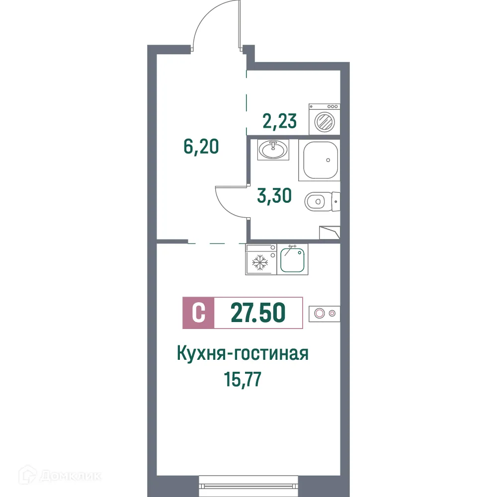 Планировка студии квартиры 27.5 м² в ЖК "Фотограф", г. Мурино — фото 1