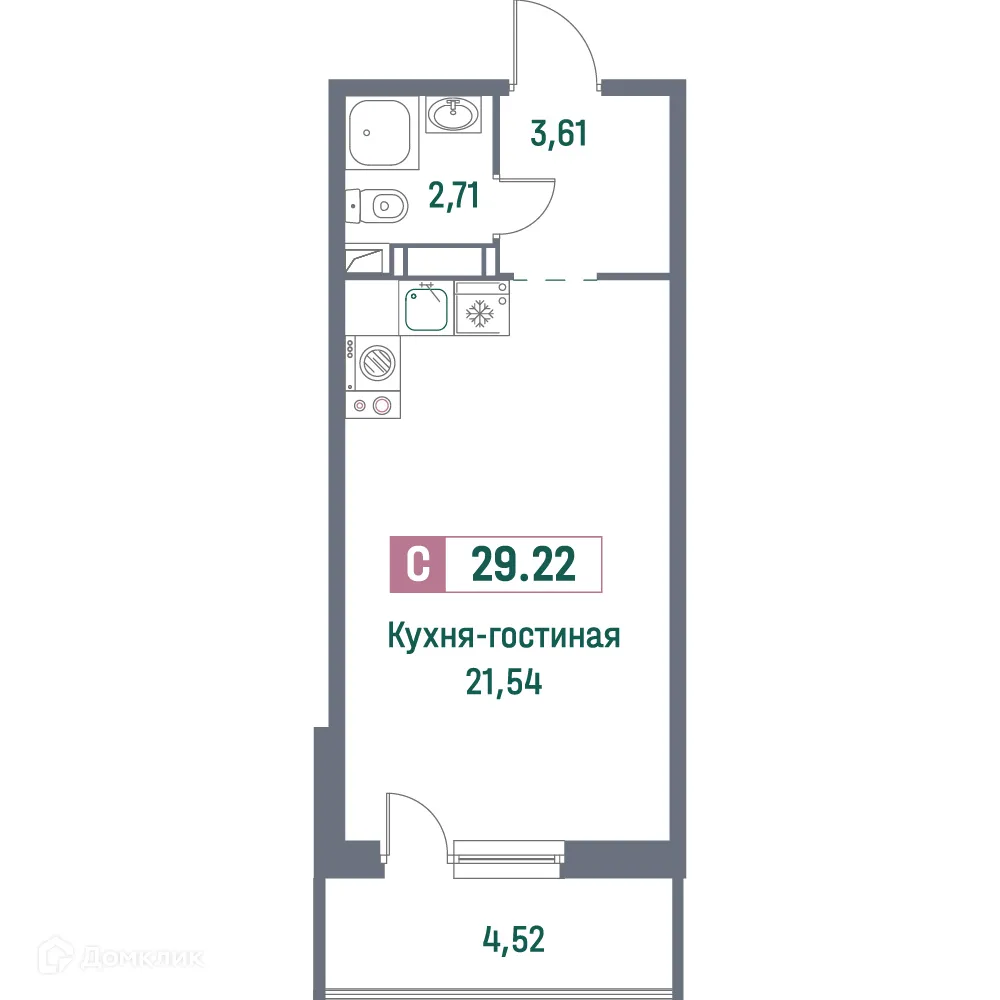 Планировка студии квартиры 29.22 м² в ЖК "Фотограф", г. Мурино — фото 1
