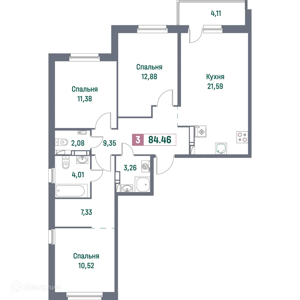 Планировка 3-комнатной квартиры 84.46 м² в ЖК "Фотограф", г. Мурино — фото 1