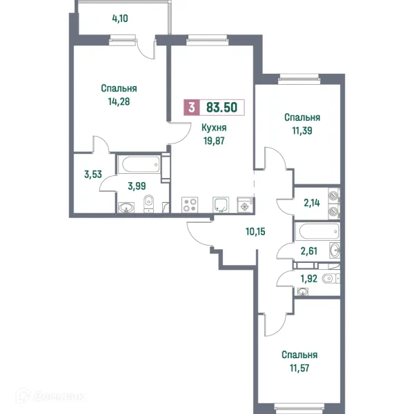 Планировка 3 комн. в ЖК "Фотограф"
