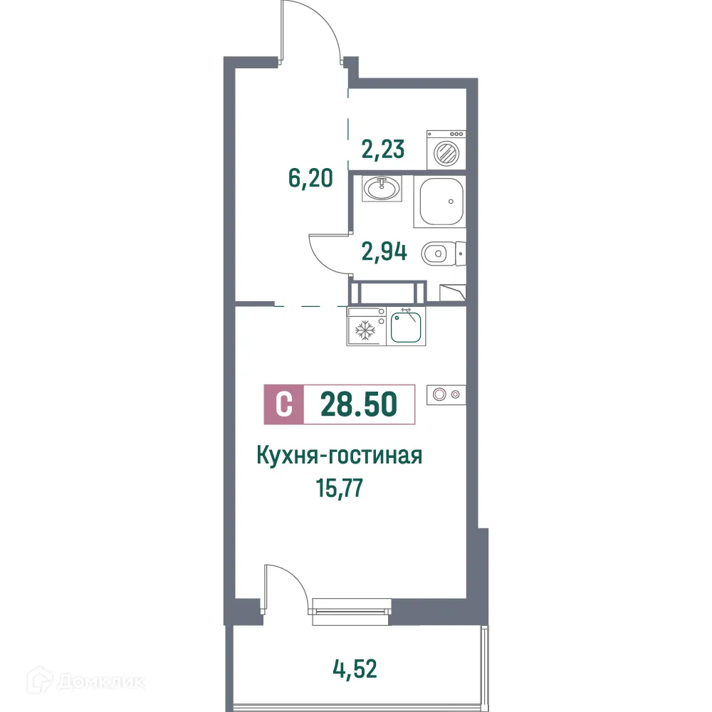Планировка студии квартиры 28.5 м² в ЖК "Фотограф", г. Мурино — фото 1