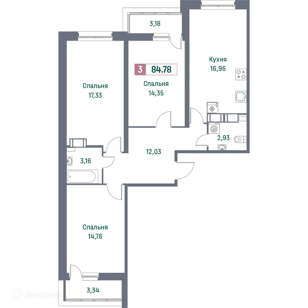 Планировка 3-комнатной квартиры 84.78 м² в ЖК "Фотограф", г. Мурино — фото 1