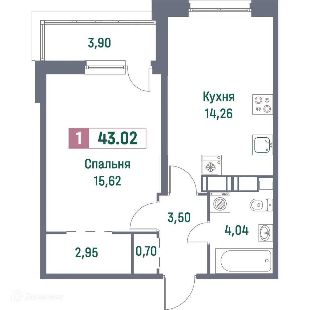 Планировка 1-комнатной квартиры 43.02 м² в ЖК "Фотограф", г. Мурино — фото 1