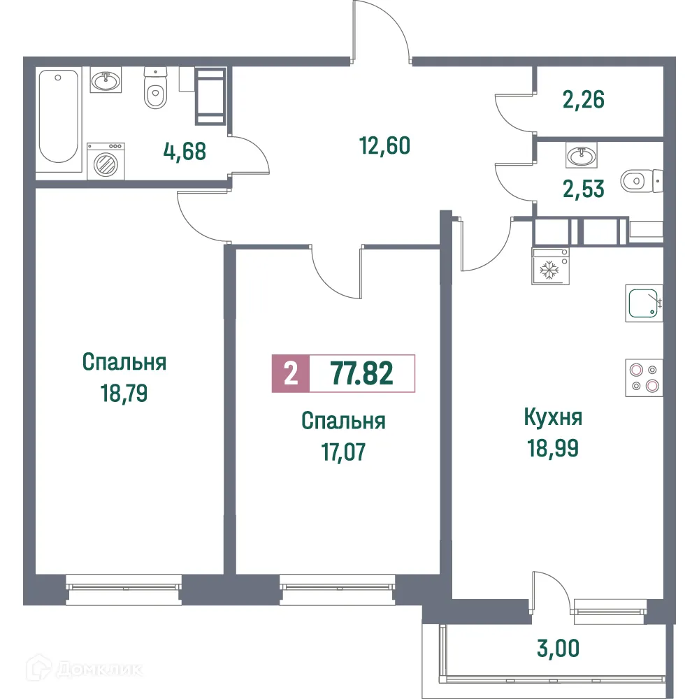 Планировка 2-комнатной квартиры 77.82 м² в ЖК "Фотограф", г. Мурино — фото 1