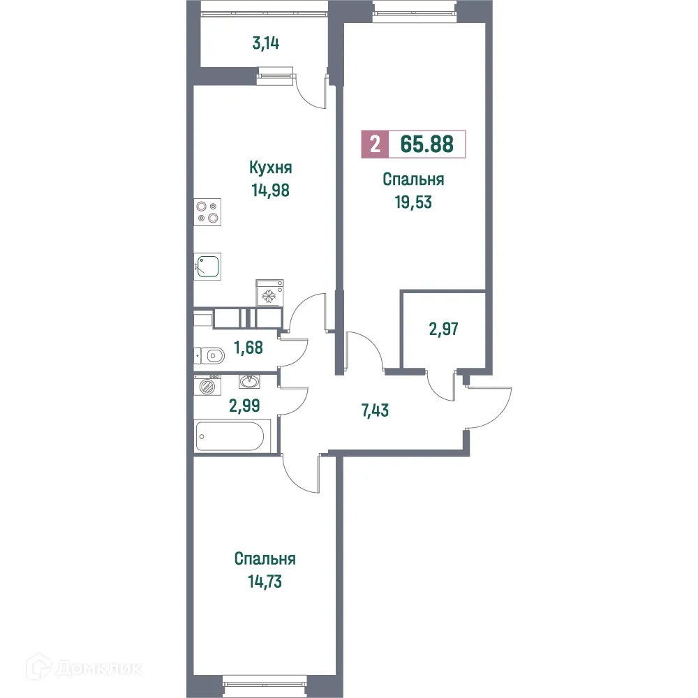 Планировка 2-комнатной квартиры 65.88 м² в ЖК "Фотограф", г. Мурино — фото 1