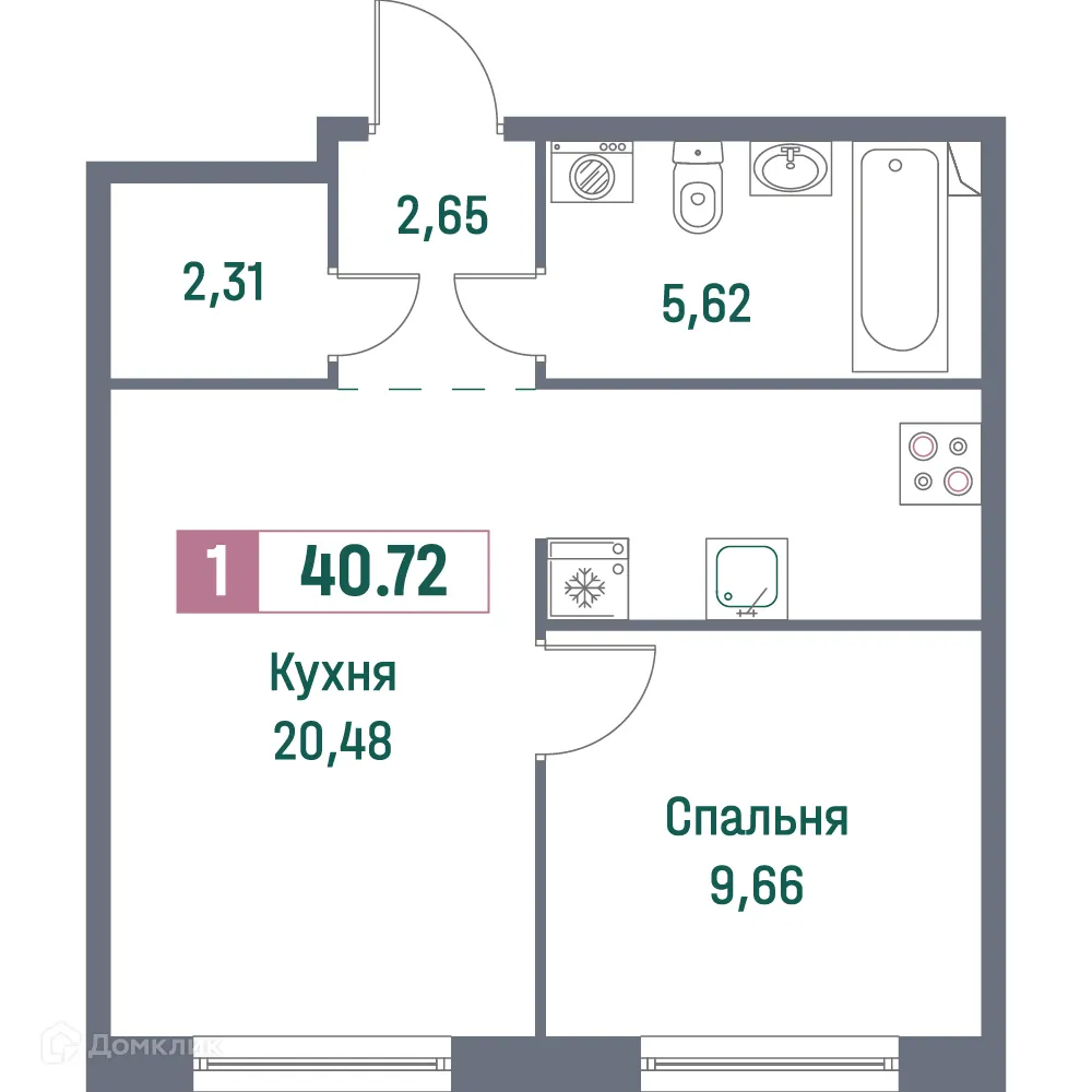 Планировка 1-комнатной квартиры 40.72 м² в ЖК "Фотограф", г. Мурино — фото 1