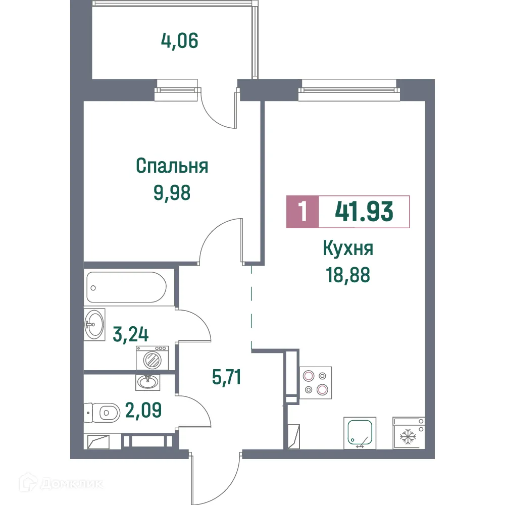 Планировка 1-комнатной квартиры 42.19 м² в ЖК "Фотограф", г. Мурино — фото 1