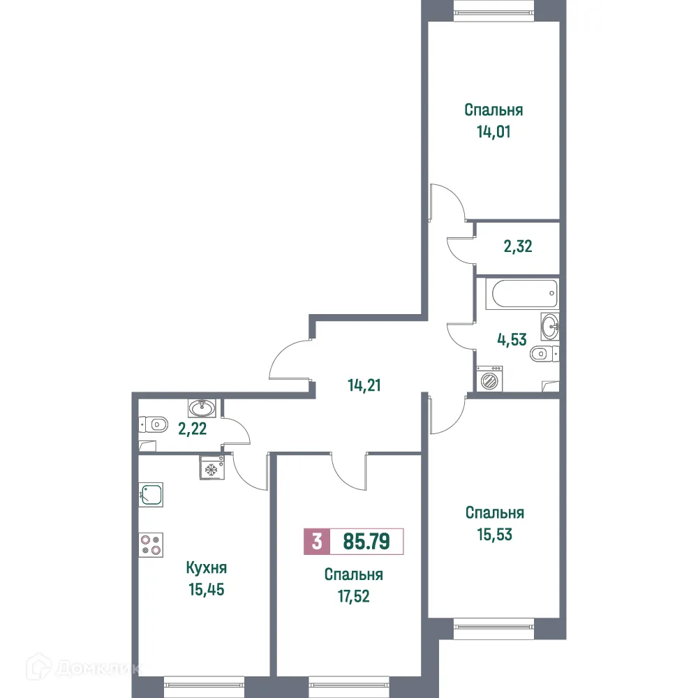 Планировка 3-комнатной квартиры 85.79 м² в ЖК "Фотограф", г. Мурино — фото 1