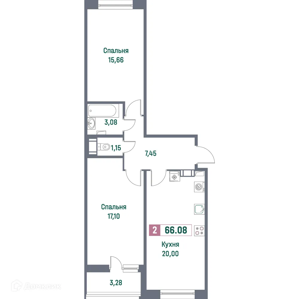 Планировка 2-комнатной квартиры 66.08 м² в ЖК "Фотограф", г. Мурино — фото 1