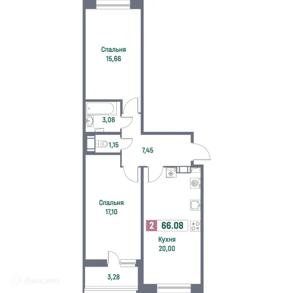 Планировка 2 комн. в ЖК "Фотограф"