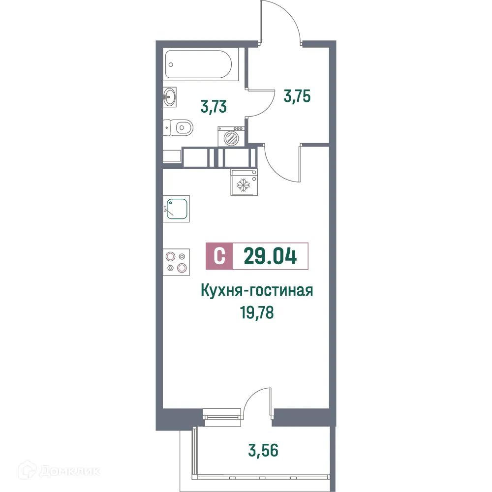Планировка студии квартиры 29.04 м² в ЖК "Фотограф", г. Мурино — фото 1