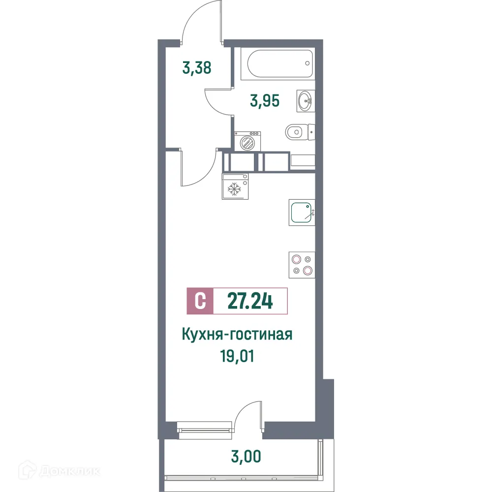 Планировка студии квартиры 27.24 м² в ЖК "Фотограф", г. Мурино — фото 1