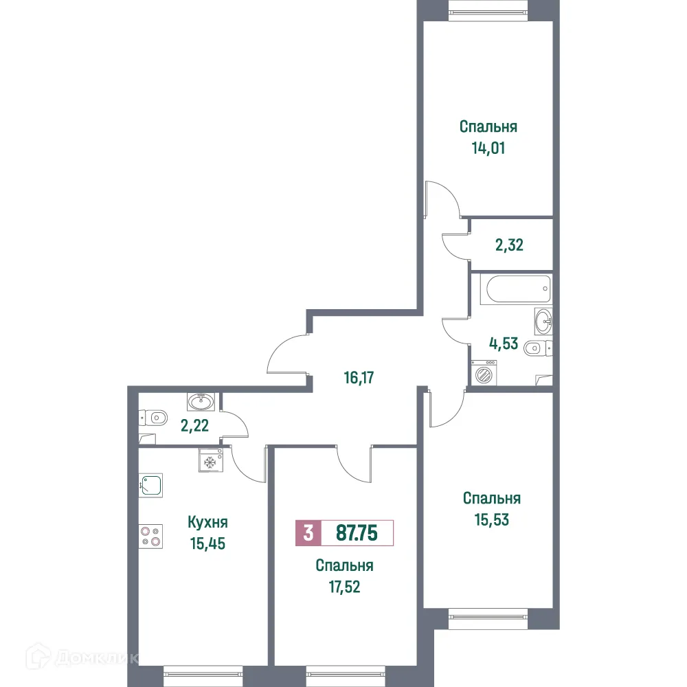 Планировка 3-комнатной квартиры 87.75 м² в ЖК "Фотограф", г. Мурино — фото 1