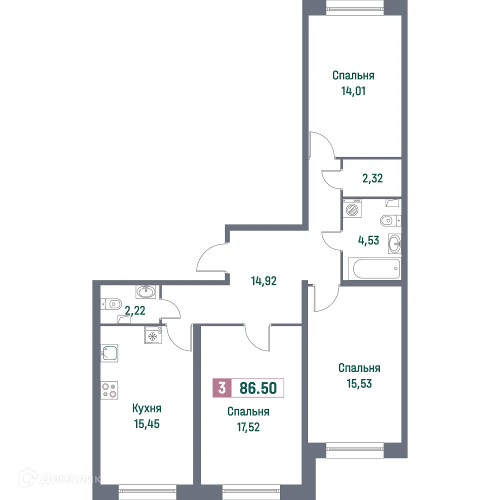 Планировка 3-комнатной квартиры 86.5 м² в ЖК "Фотограф", г. Мурино — фото 1