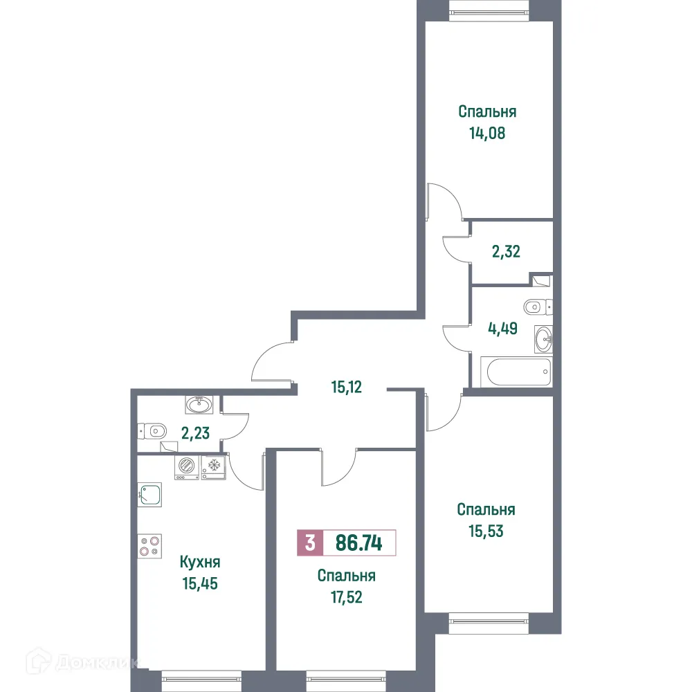 Планировка 3-комнатной квартиры 86.74 м² в ЖК "Фотограф", г. Мурино — фото 1