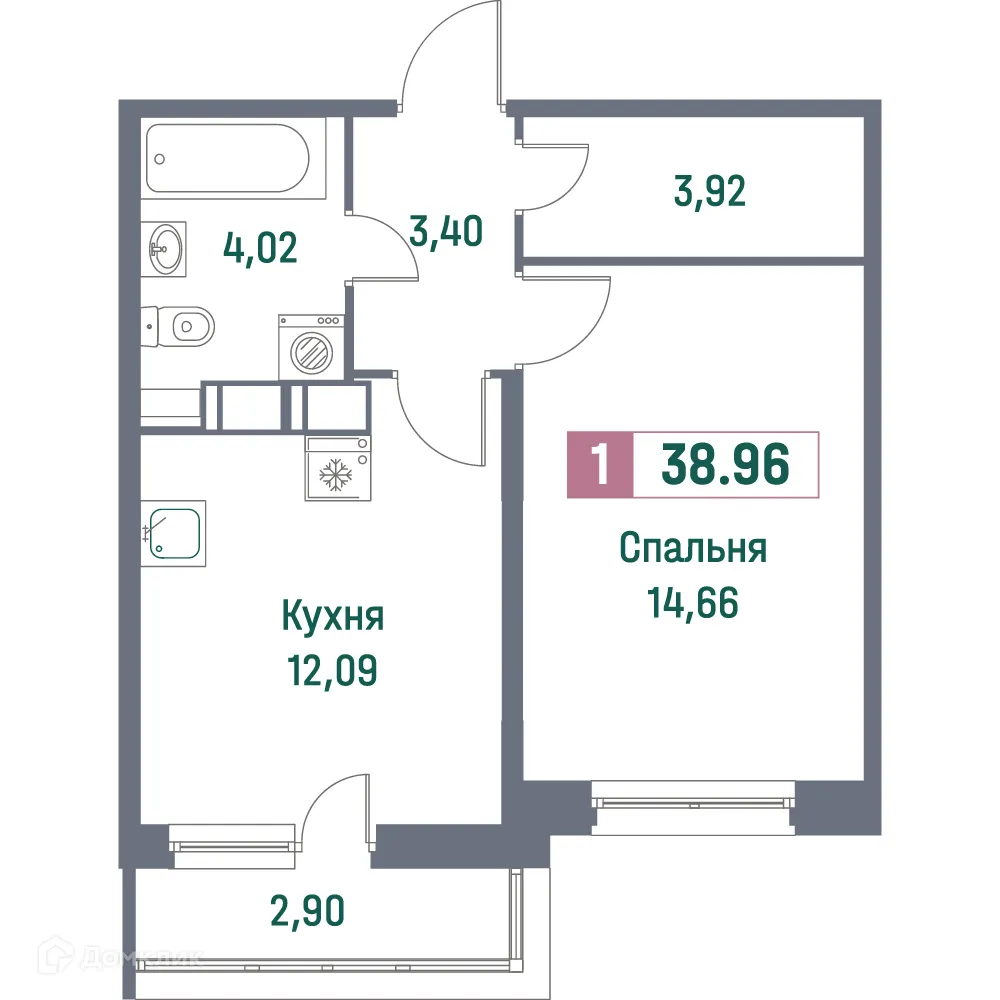 Планировка 1-комнатной квартиры 38.96 м² в ЖК "Фотограф", г. Мурино — фото 1