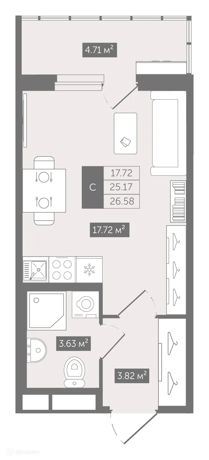 Планировка студии квартиры 26.58 м² в ЖК UP-квартал Воронцовский, г. Мурино — фото 1