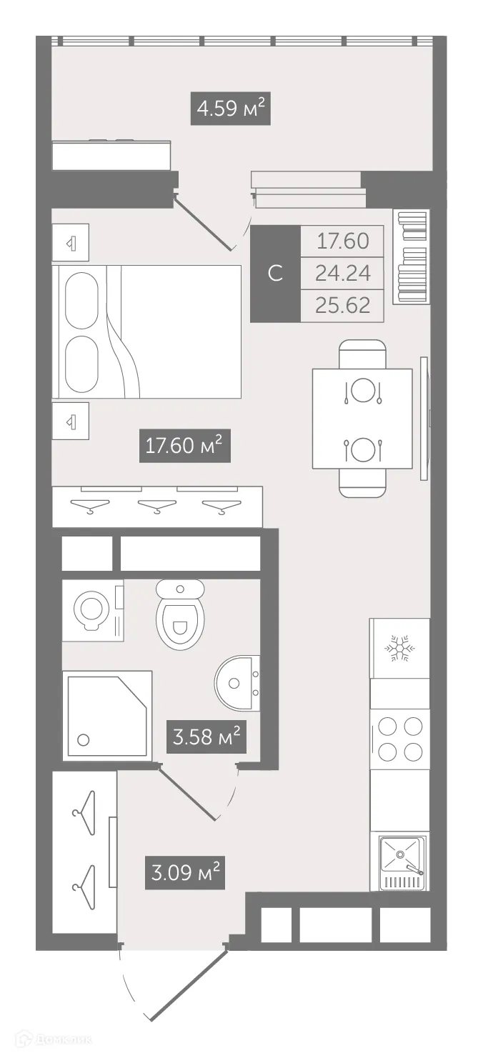 Планировка студии квартиры 25.62 м² в ЖК UP-квартал Воронцовский, г. Мурино — фото 1