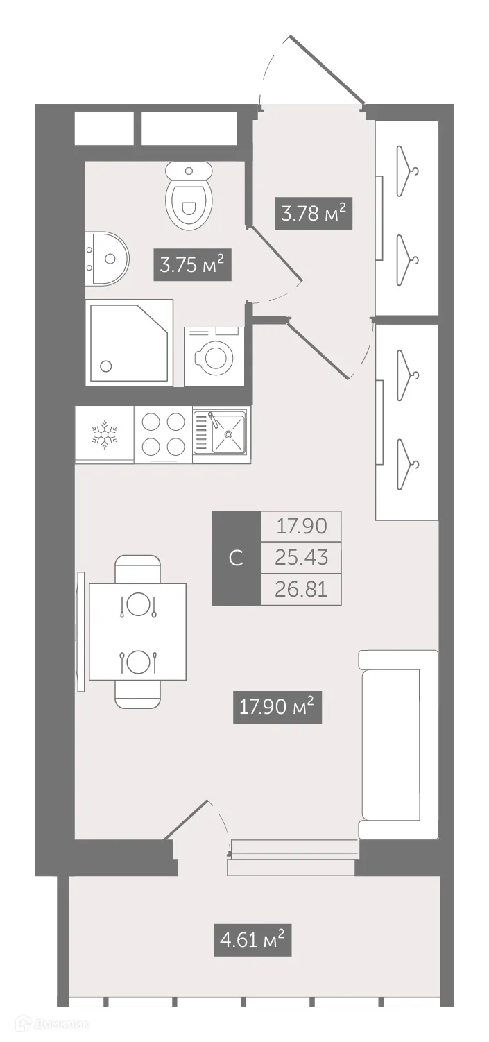 Планировка студии квартиры 26.81 м² в ЖК UP-квартал Воронцовский, г. Мурино — фото 1