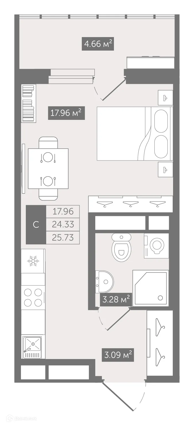 Планировка студии квартиры 25.73 м² в ЖК UP-квартал Воронцовский, г. Мурино — фото 1