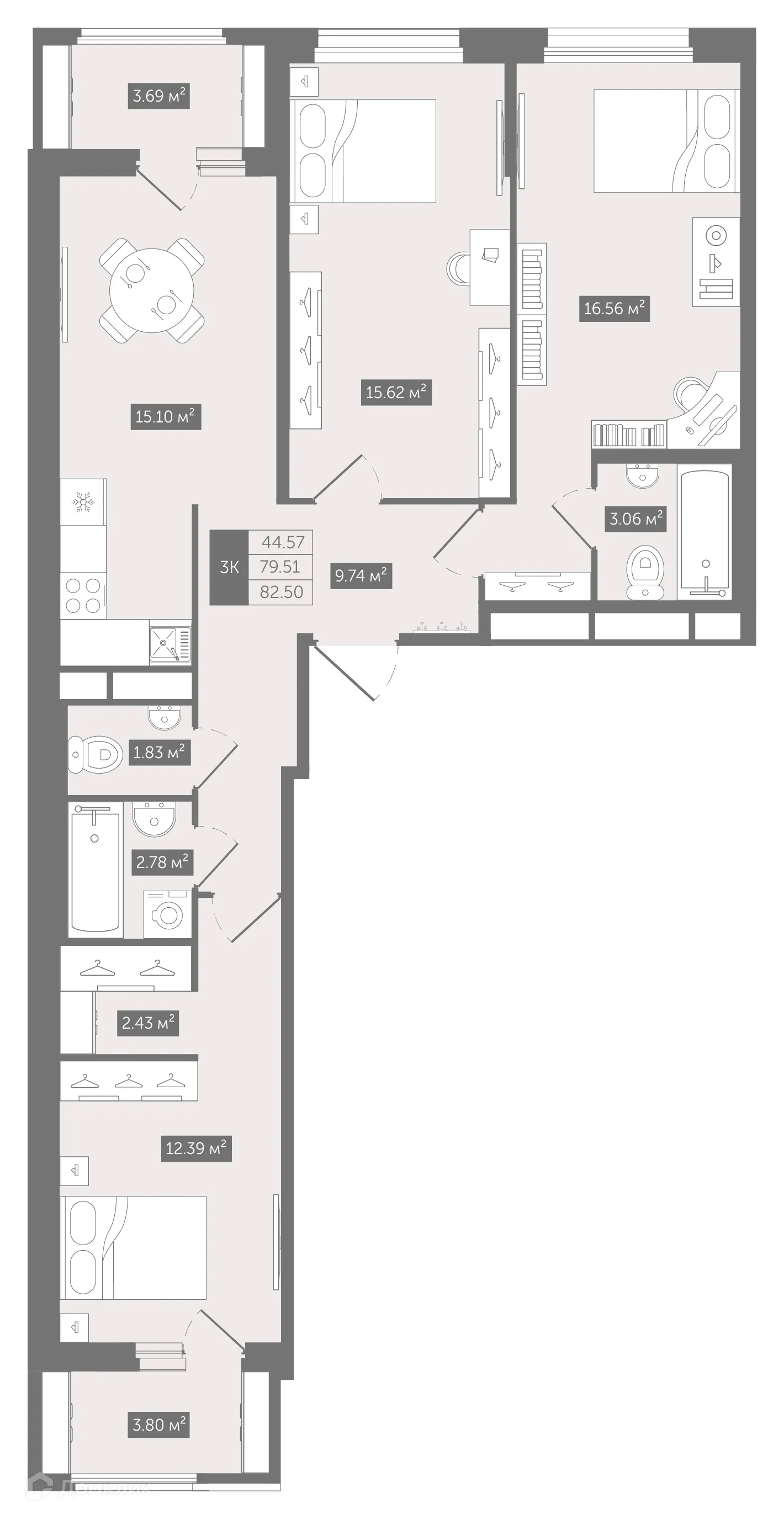 Планировка 3-комнатной квартиры 82.5 м² в ЖК UP-квартал Воронцовский, г. Мурино — фото 1