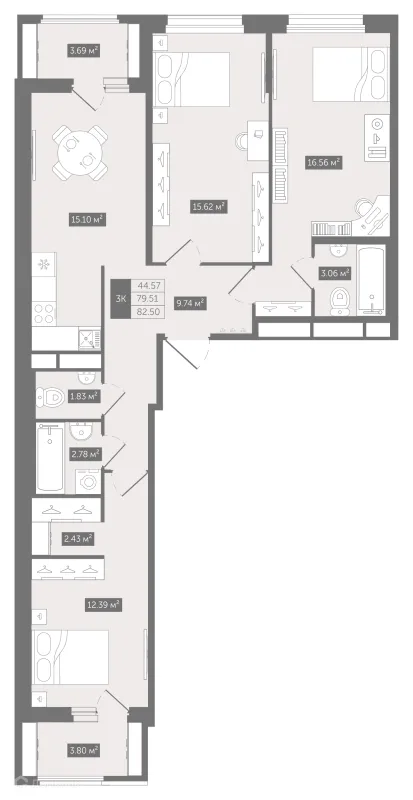 Планировка 3 комн. в ЖК UP-квартал Воронцовский