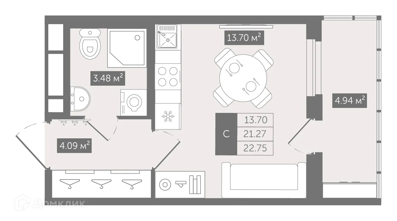 Планировка студии квартиры 22.75 м² в ЖК UP-квартал Воронцовский, г. Мурино — фото 1