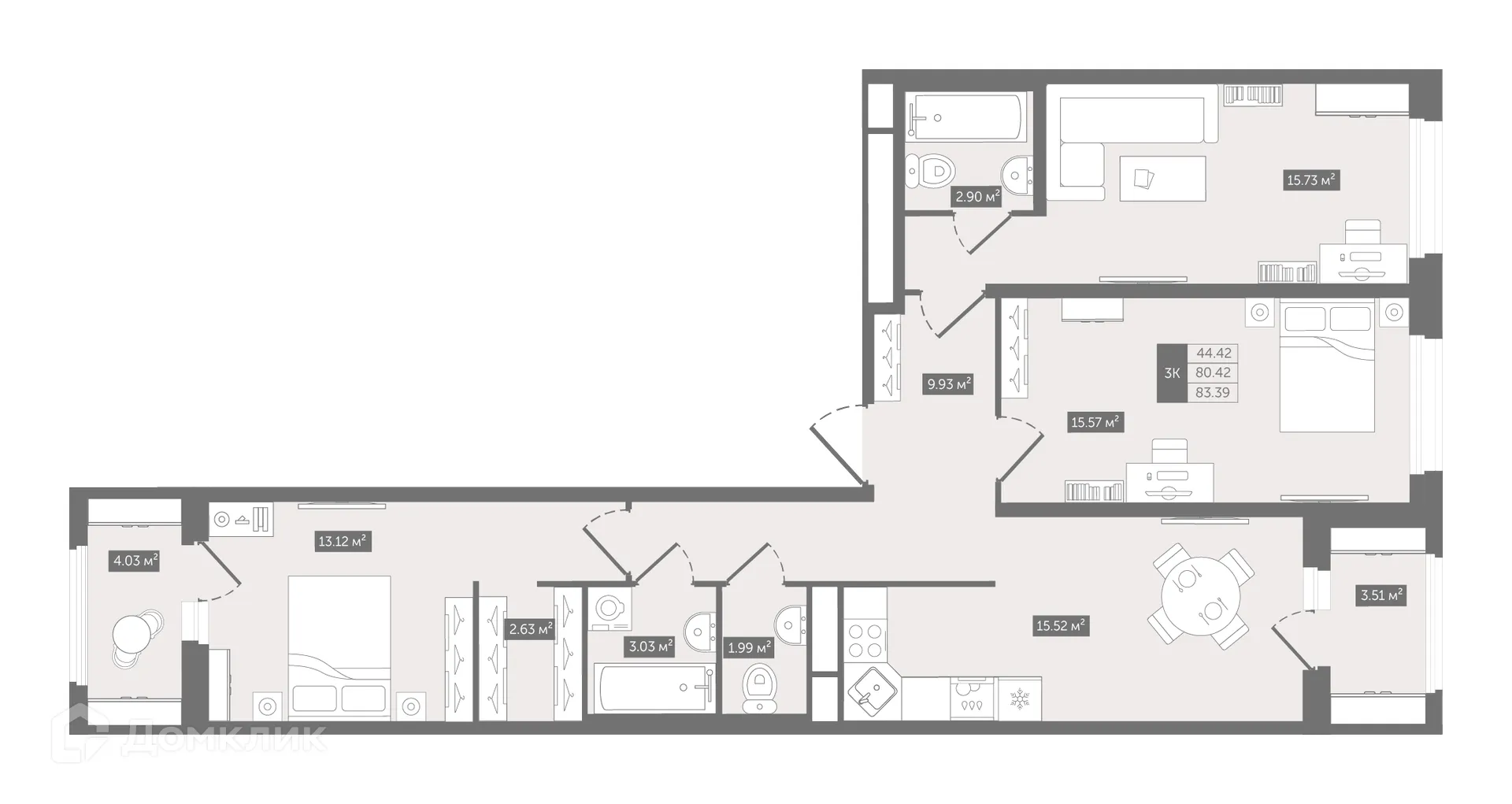 Планировка 3-комнатной квартиры 83.39 м² в ЖК UP-квартал Воронцовский, г. Мурино — фото 1