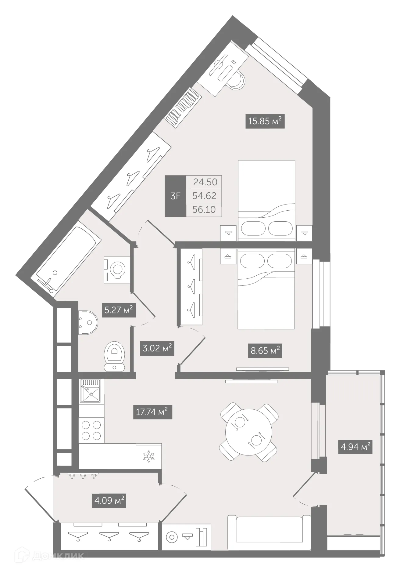 Планировка 2-комнатной квартиры 56.1 м² в ЖК UP-квартал Воронцовский, г. Мурино — фото 1