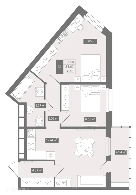 Планировка 2 комн. в ЖК UP-квартал Воронцовский