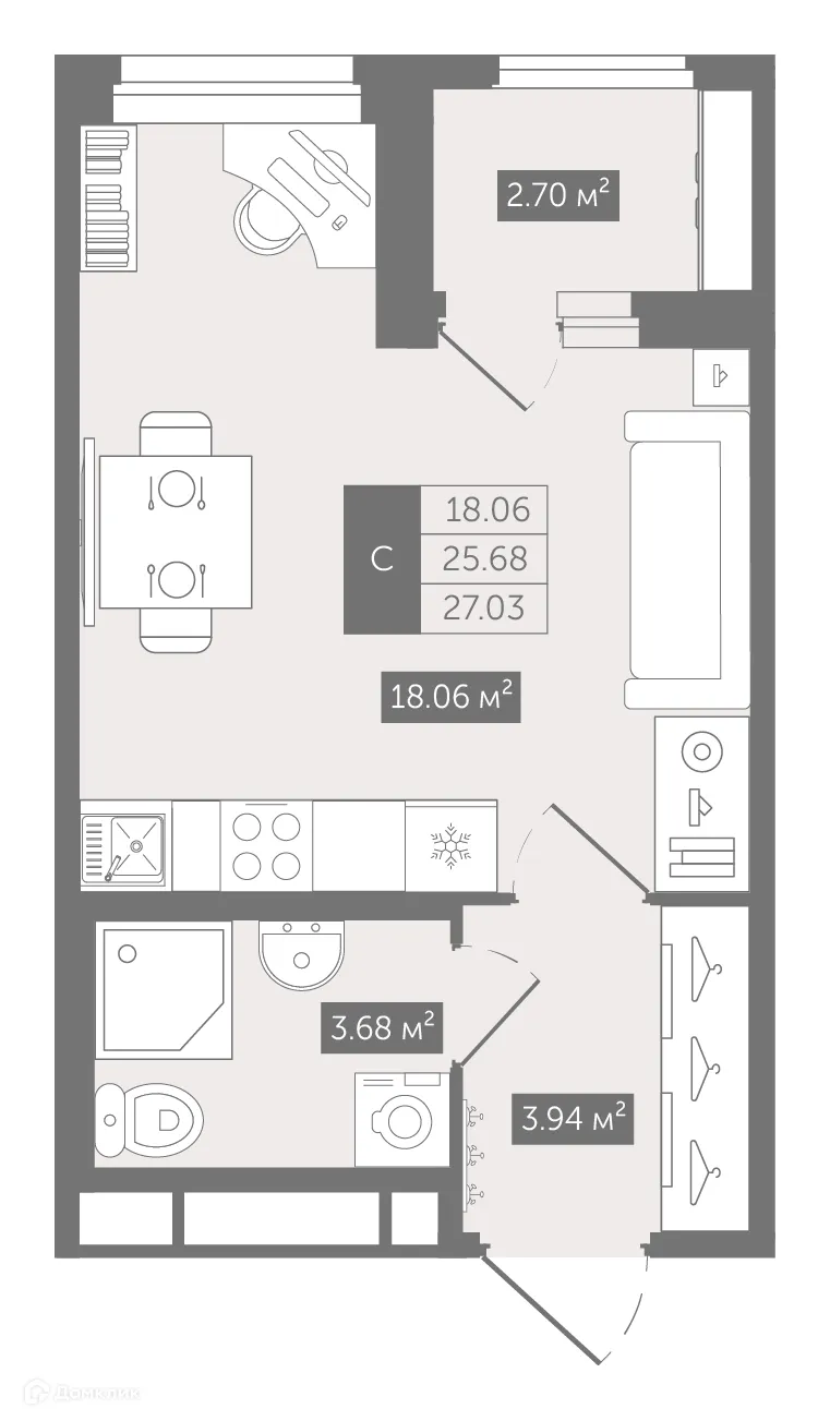 Планировка студии квартиры 27.03 м² в ЖК UP-квартал Воронцовский, г. Мурино — фото 1