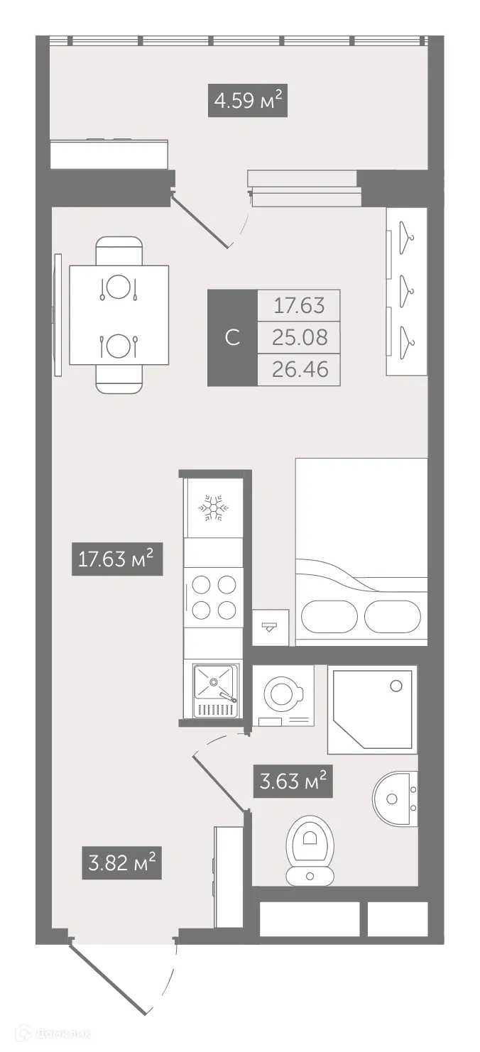 Планировка студии квартиры 26.46 м² в ЖК UP-квартал Воронцовский, г. Мурино — фото 1