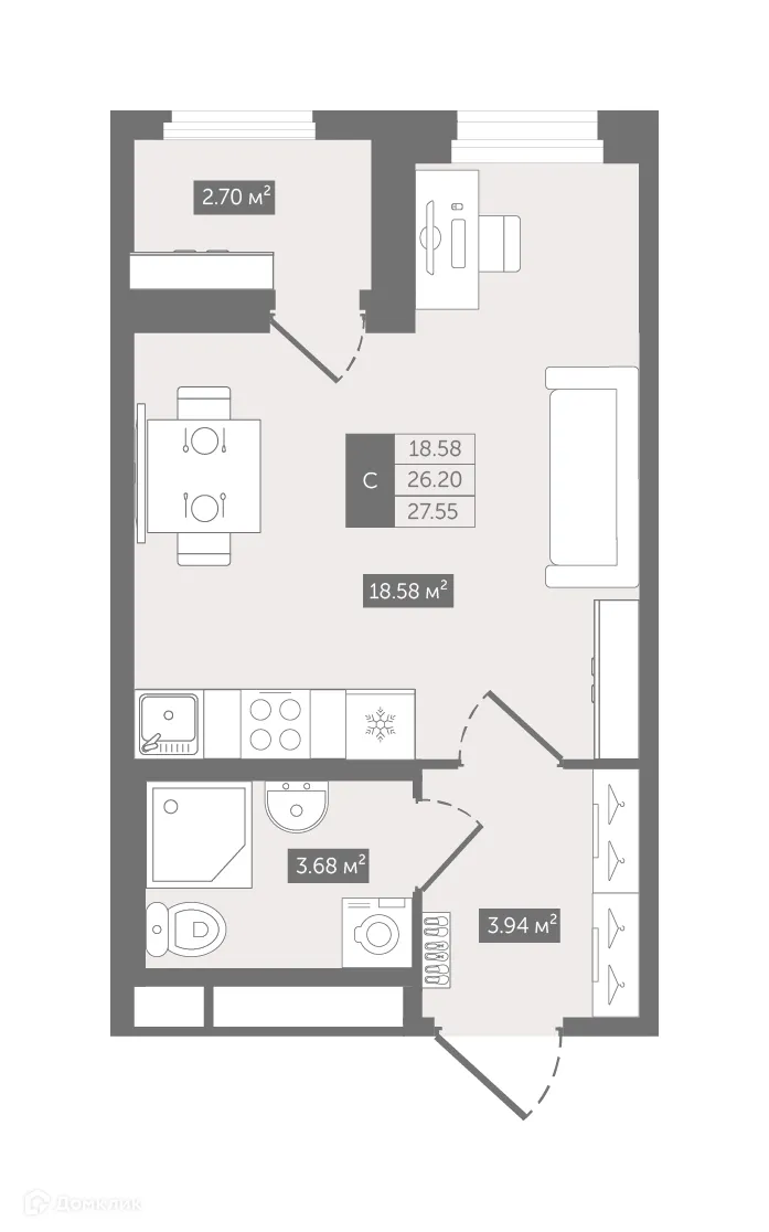 Планировка студии квартиры 27.55 м² в ЖК UP-квартал Воронцовский, г. Мурино — фото 1