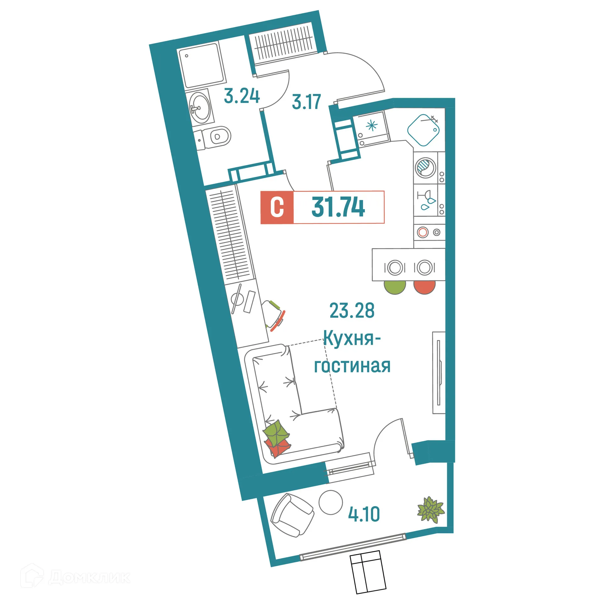 Планировка студии квартиры 31.74 м² в ЖК "Графика", г. Мурино — фото 1