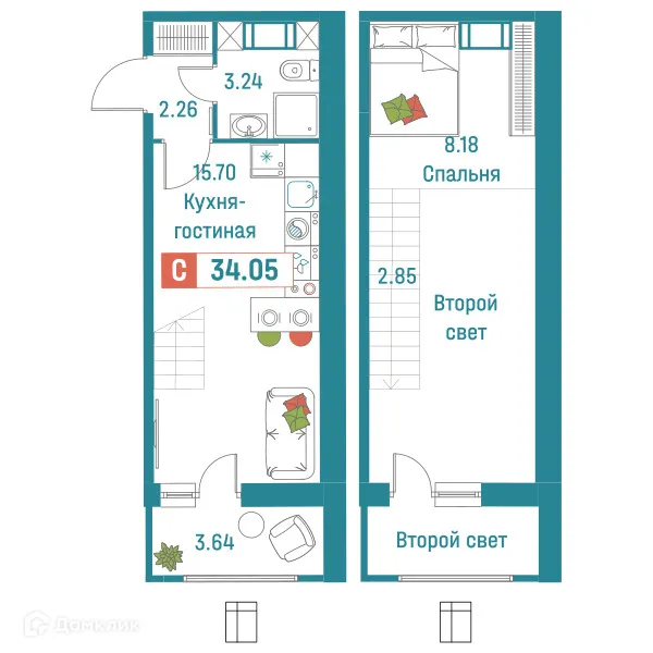 Планировка студии квартиры 34.05 м² в ЖК "Графика", г. Мурино — фото 1