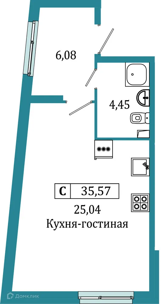 Планировка студии квартиры 35.57 м² в ЖК "Графика", г. Мурино — фото 1