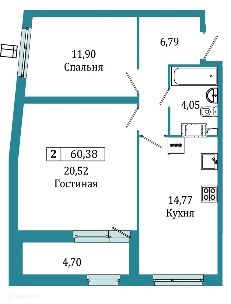 Планировка 2-комнатной квартиры 60.38 м² в ЖК "Графика", г. Мурино — фото 1