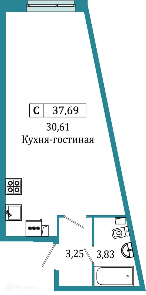 Планировка студии квартиры 37.69 м² в ЖК "Графика", г. Мурино — фото 1