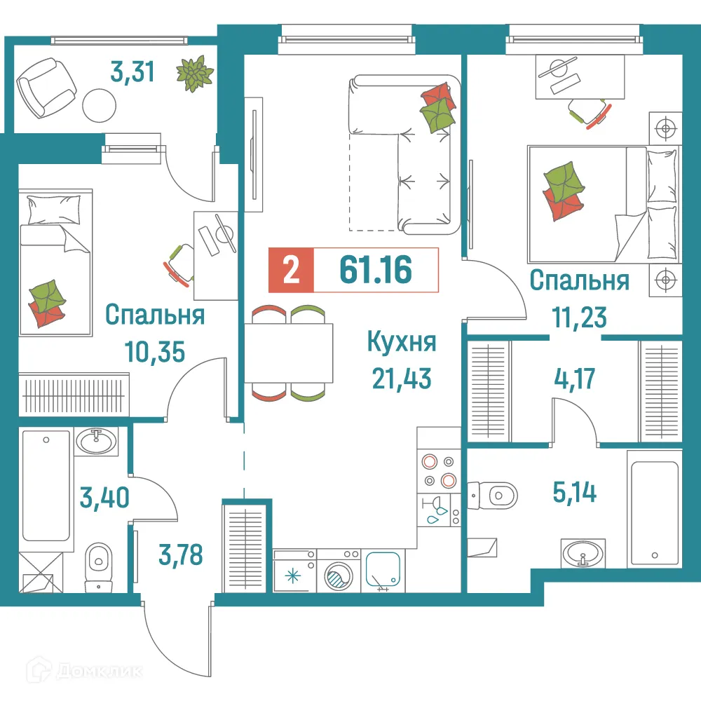 Планировка 2-комнатной квартиры 61.16 м² в ЖК "Графика", г. Мурино — фото 1