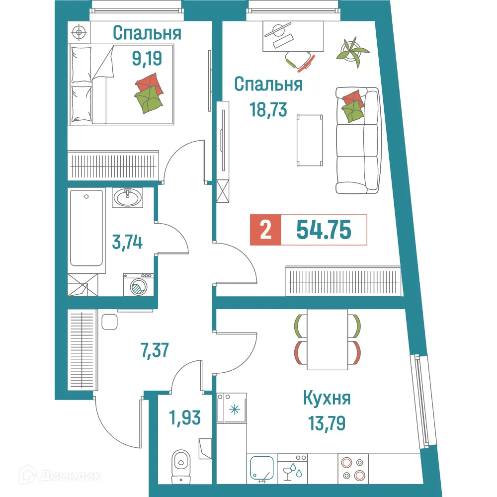 Планировка 2-комнатной квартиры 54.75 м² в ЖК "Графика", г. Мурино — фото 1