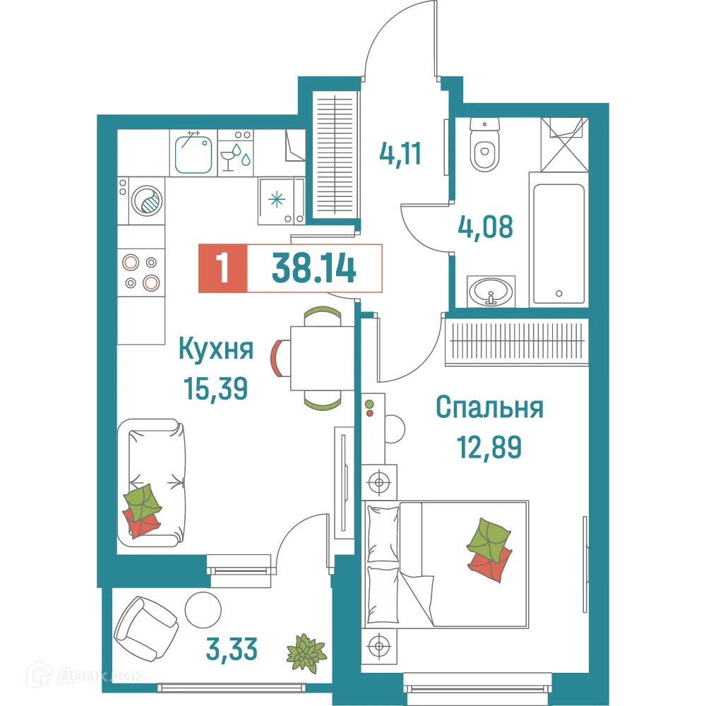Планировка 1-комнатной квартиры 38.14 м² в ЖК "Графика", г. Мурино — фото 1