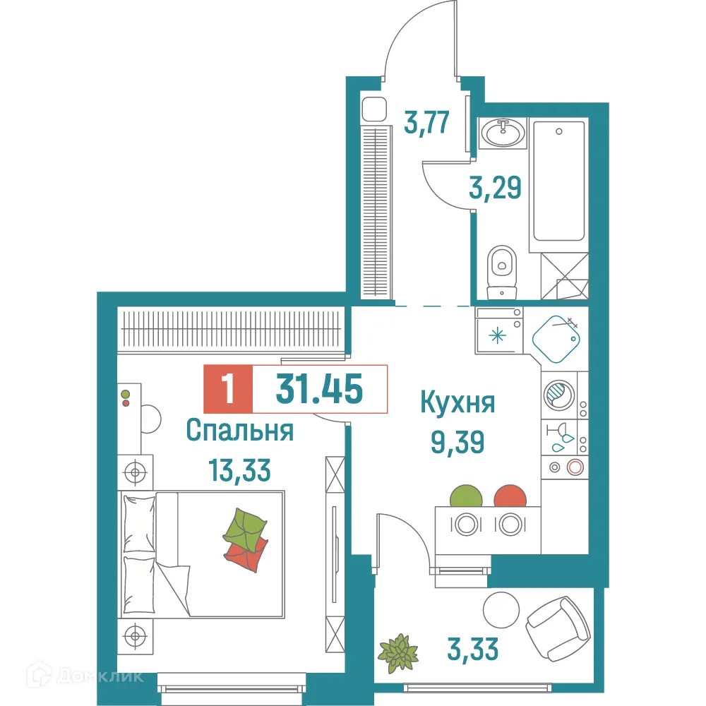 Планировка 1-комнатной квартиры 31.45 м² в ЖК "Графика", г. Мурино — фото 1