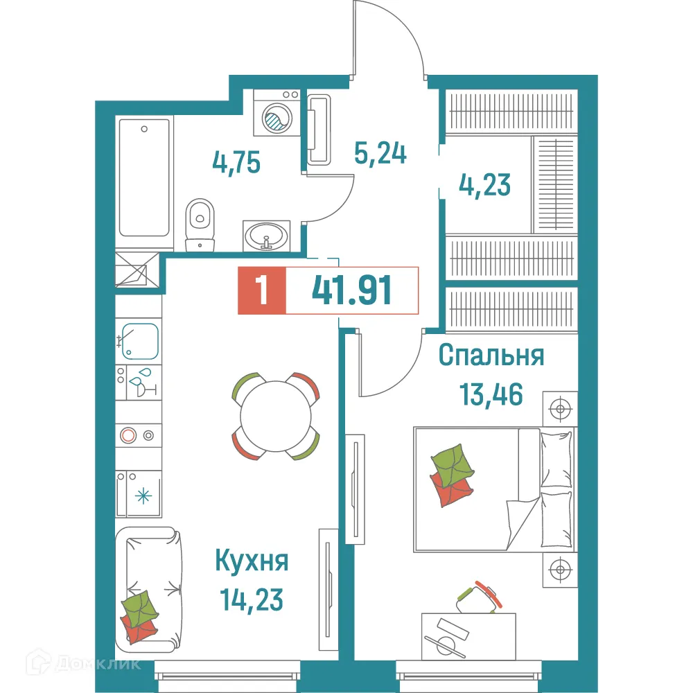 Планировка 1-комнатной квартиры 41.91 м² в ЖК "Графика", г. Мурино — фото 1