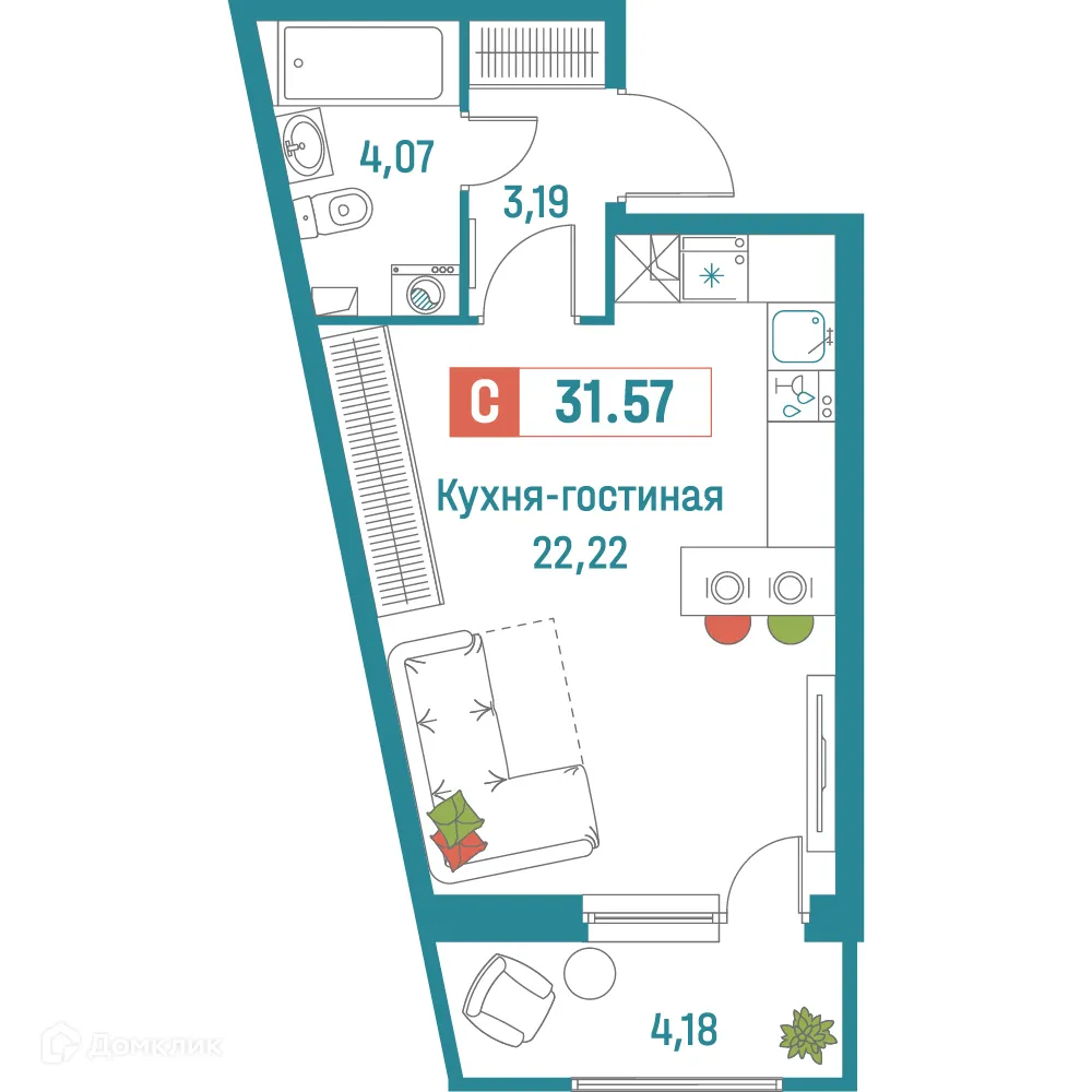 Планировка студии квартиры 31.57 м² в ЖК "Графика", г. Мурино — фото 1