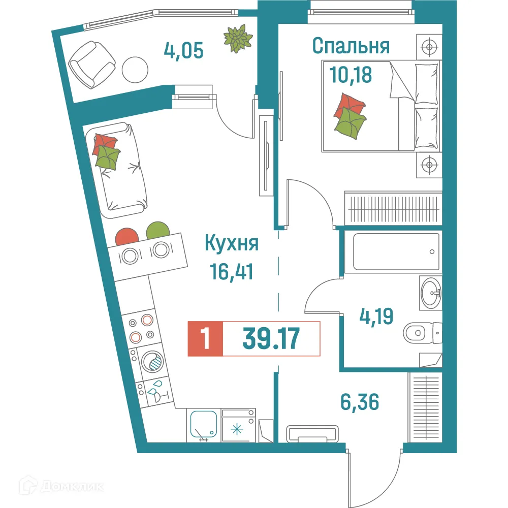 Планировка 1-комнатной квартиры 39.17 м² в ЖК "Графика", г. Мурино — фото 1