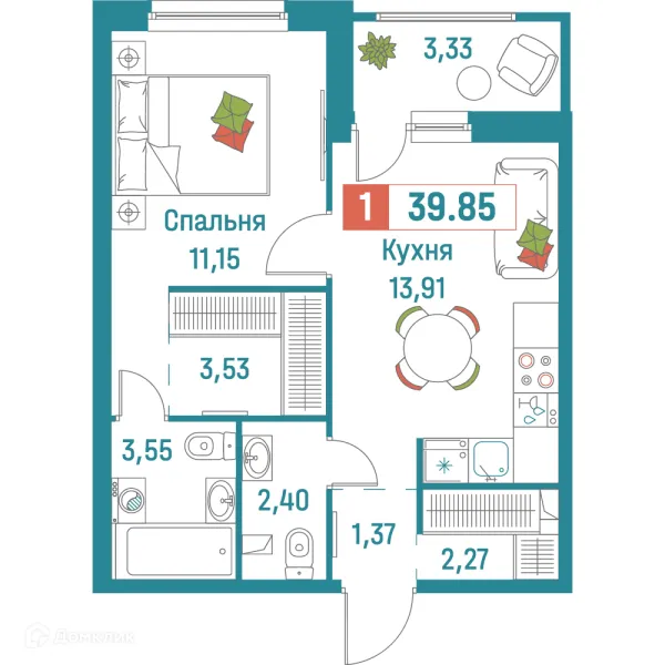 Планировка 1 комн. в ЖК "Графика"