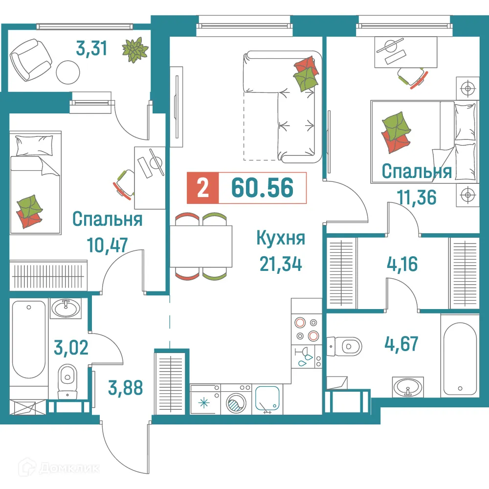Планировка 2-комнатной квартиры 60.56 м² в ЖК "Графика", г. Мурино — фото 1