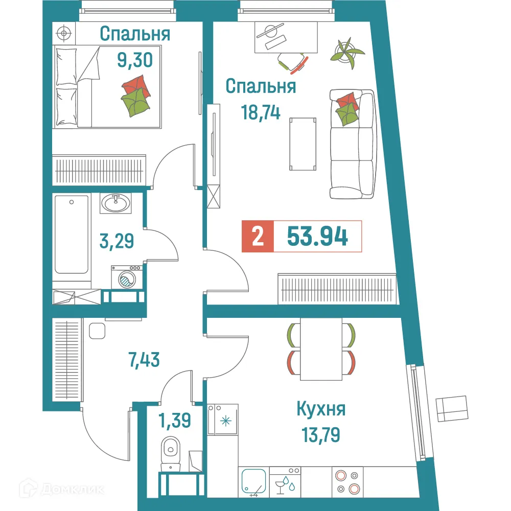 Планировка 2-комнатной квартиры 53.94 м² в ЖК "Графика", г. Мурино — фото 1